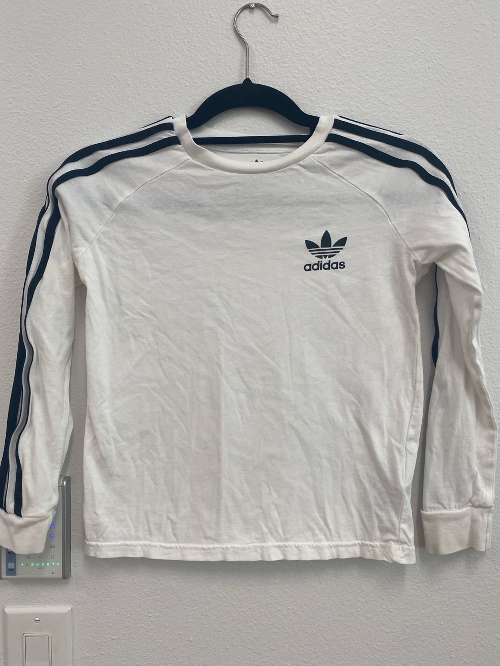 adidas White Long Sleeve Tee with Black Stripes